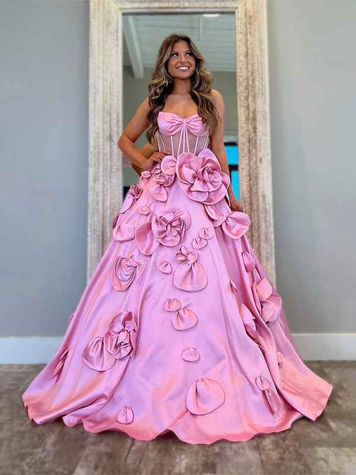 Pink A-Line Bodice 3D Flowers Spaghetti Long Prom Dress BMBRIDE
