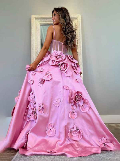 Pink A-Line Bodice 3D Flowers Spaghetti Long Prom Dress BMBRIDE