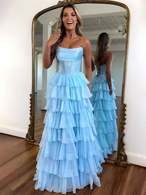 Sparkly Light Blue Strapless A-Line Long Tiered Prom Dress with Slit BMBRIDE