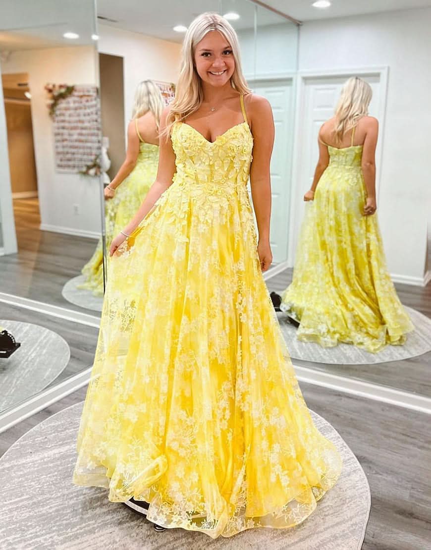Cute Yellow A-Line Spaghetti Straps Long Prom Dress with Appliques BM bride