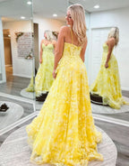 Cute Yellow A-Line Spaghetti Straps Long Prom Dress with Appliques BM bride