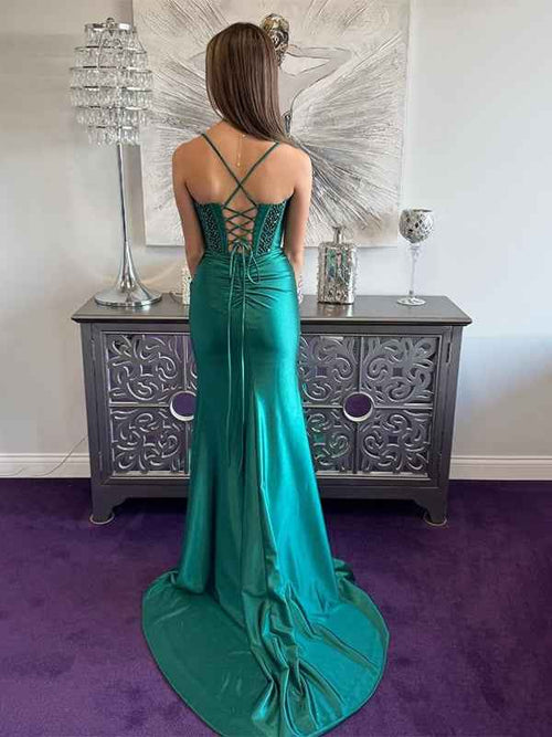 Green Mermaid Spaghetti Strap Beaded Prom Dress with High Slit BMBRIDE
