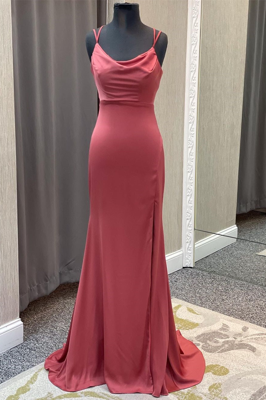 Elegant Mauve Mermaid Cowl Neck Straps Long Prom Dress BM bride