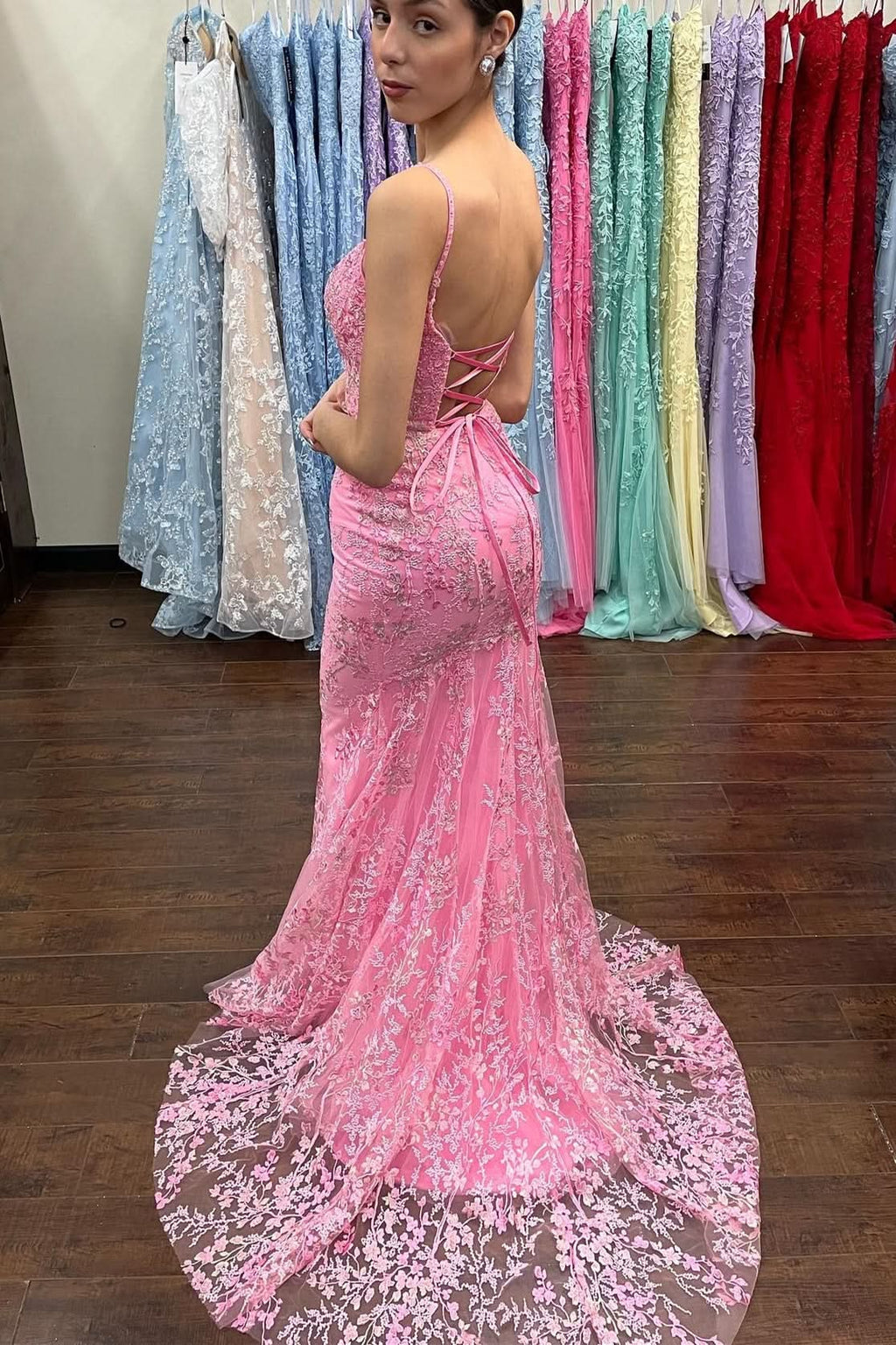 Elegant Mermaid Pink Lace Appliques Long Prom Dress BM bride