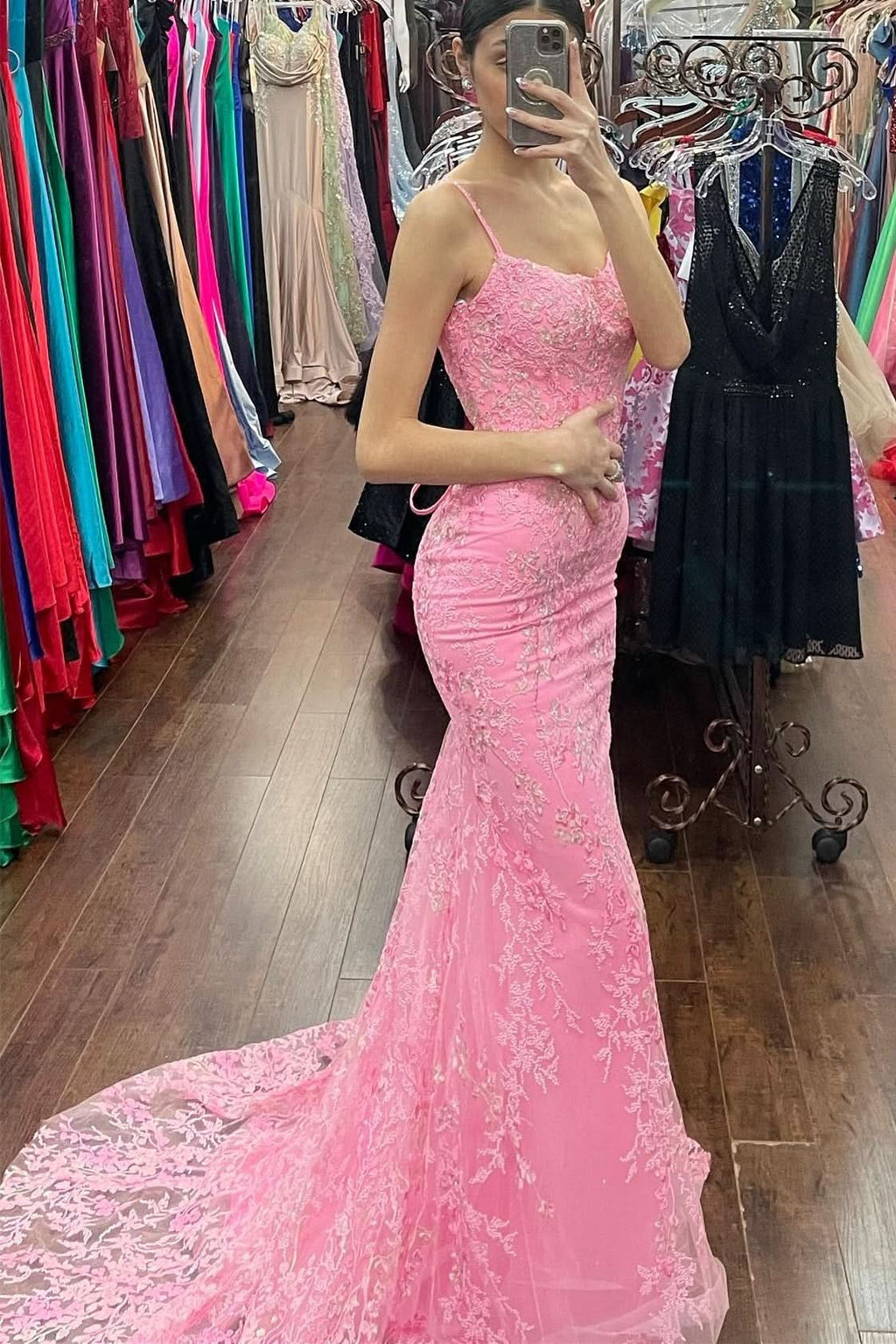 Elegant Mermaid Pink Lace Appliques Long Prom Dress BM bride