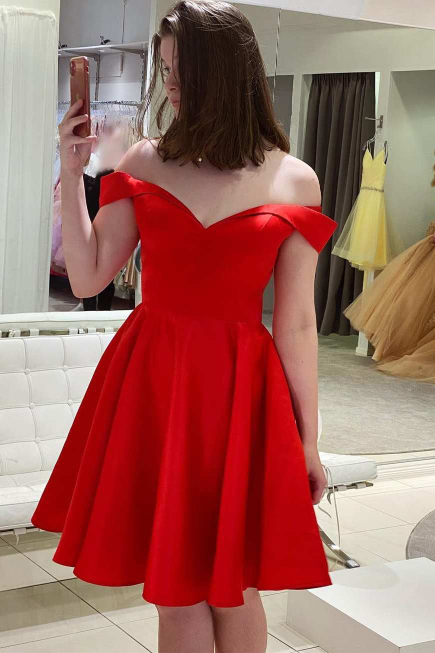 Uma |Red Off The Shoulder A Line Satin Homecoming Dress BM bride