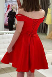Uma |Red Off The Shoulder A Line Satin Homecoming Dress BM bride