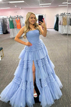 Elegant A-Line Strapless Tulle Long Prom Dress with Tiered Ruffles BM bride