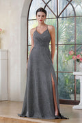 Halter Shiny Silk Long Prom Dress V-Neck Pleated Side Slit Party Dress with Pocket BMbride