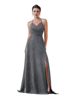 Halter Shiny Silk Long Prom Dress V-Neck Pleated Side Slit Party Dress with Pocket BMbride