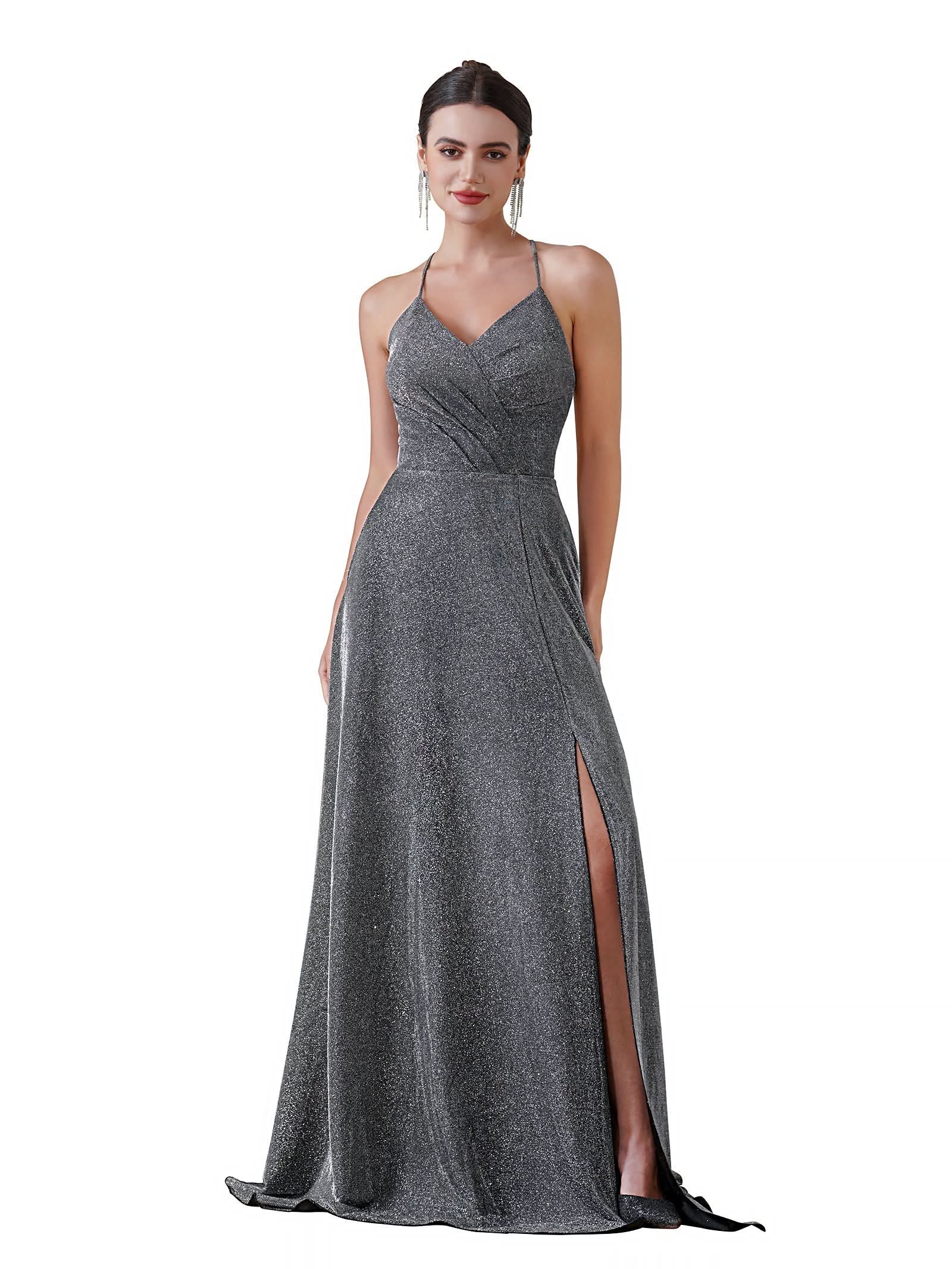 Halter Shiny Silk Long Prom Dress V-Neck Pleated Side Slit Party Dress with Pocket BMbride