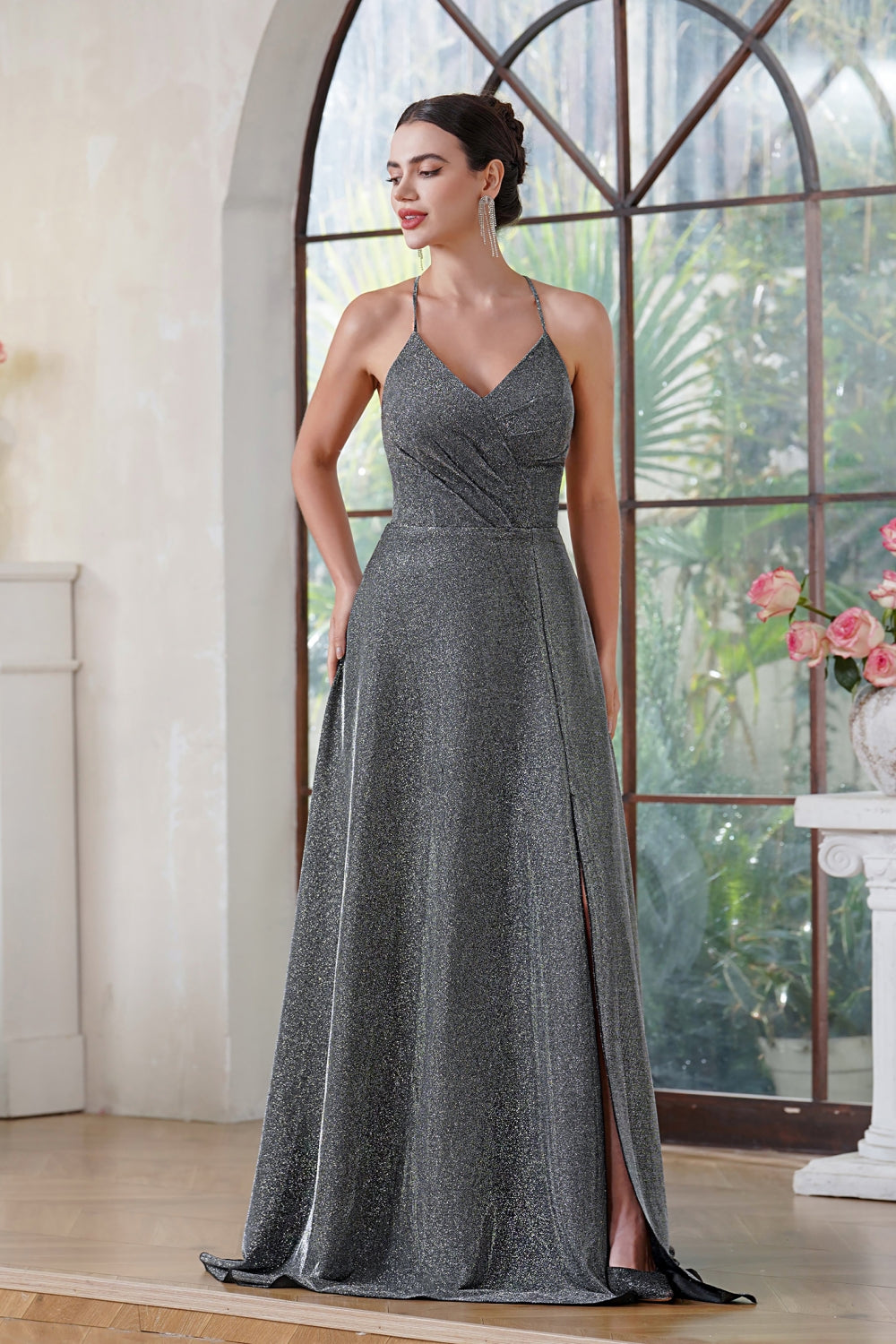 Halter Shiny Silk Long Prom Dress V-Neck Pleated Side Slit Party Dress with Pocket BMbride