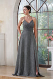 Halter Shiny Silk Long Prom Dress V-Neck Pleated Side Slit Party Dress with Pocket BMbride