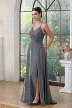 Halter Shiny Silk Long Prom Dress V-Neck Pleated Side Slit Party Dress with Pocket BMbride