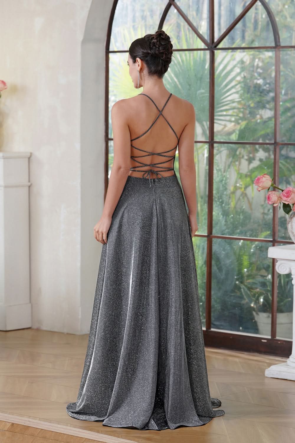 Halter Shiny Silk Long Prom Dress V-Neck Pleated Side Slit Party Dress with Pocket BMbride