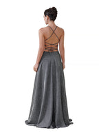 Halter Shiny Silk Long Prom Dress V-Neck Pleated Side Slit Party Dress with Pocket BMbride