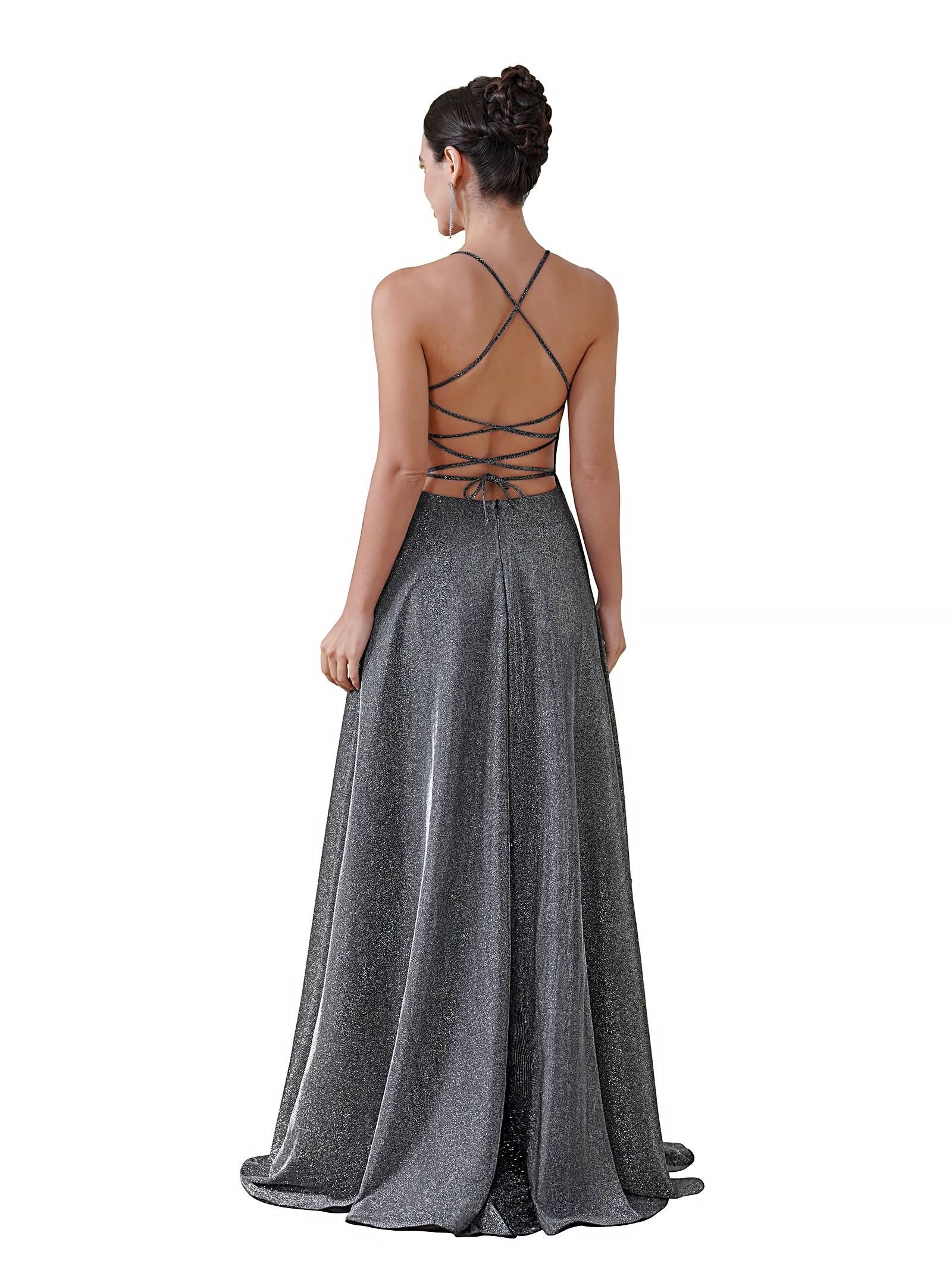 Halter Shiny Silk Long Prom Dress V-Neck Pleated Side Slit Party Dress with Pocket BMbride