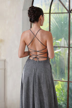 Halter Shiny Silk Long Prom Dress V-Neck Pleated Side Slit Party Dress with Pocket BMbride