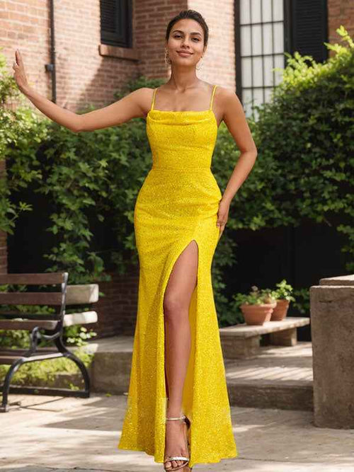 Radiant Daffodil Spaghetti Strap Sequin Gown with High Slit BMBRIDE