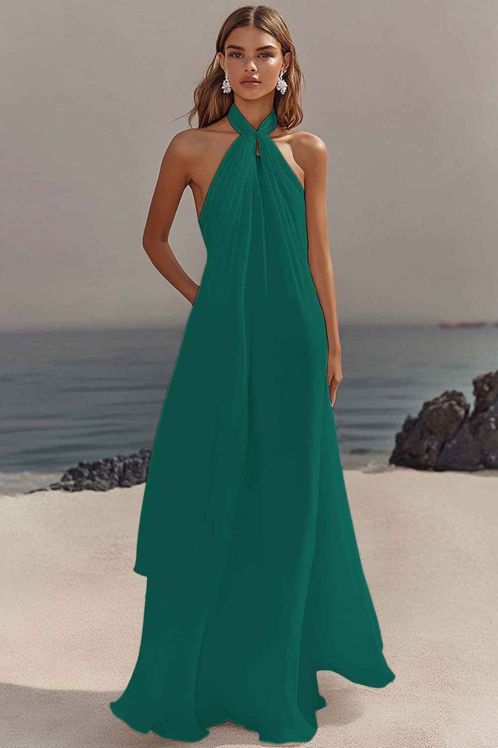 Flowy Sky Blue Chiffon A Line Halter Backless Long Prom Dress