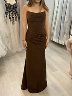 Dark Brown Strapless Cowl Neck Prom Dress with Ruched Waist BMBRIDE