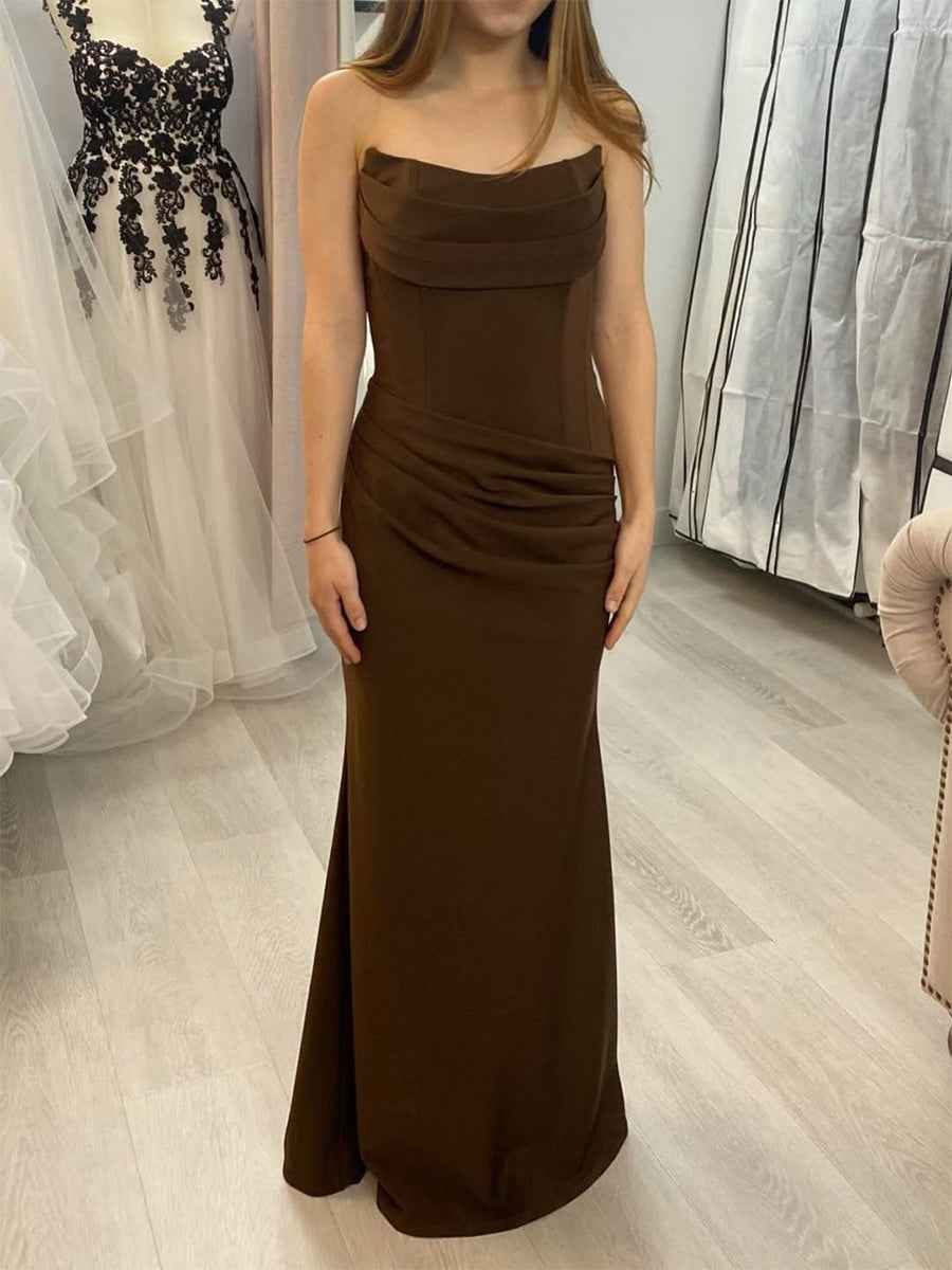 Dark Brown Strapless Cowl Neck Prom Dress with Ruched Waist BMBRIDE