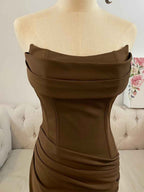Dark Brown Strapless Cowl Neck Prom Dress with Ruched Waist BMBRIDE