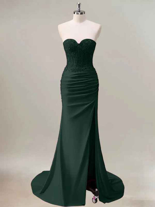 Dark Green Mermaid Strapless Ruched Corset Long Prom Dress With Slit BMBRIDE