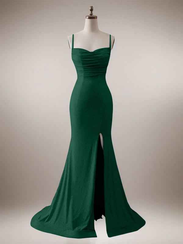 Sparkly Dark Green Mermaid Spaghetti Straps Long Prom Dress with Slit