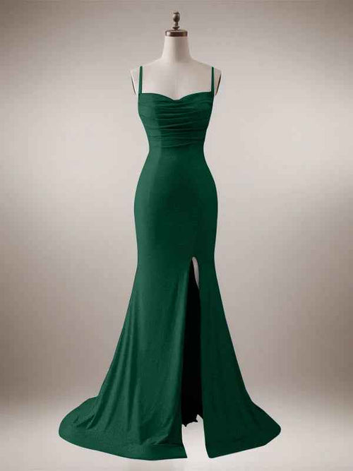 Sparkly Dark Green Mermaid Spaghetti Straps Long Prom Dress with Slit BMBRIDE
