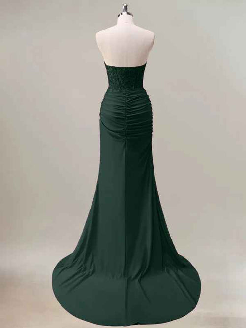Dark Green Mermaid Strapless Ruched Corset Long Prom Dress With Slit BMBRIDE