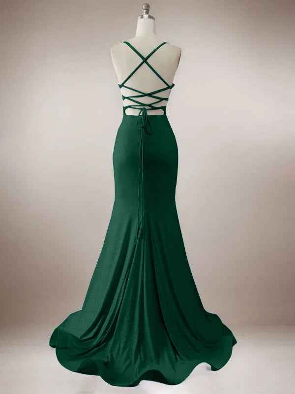 Sparkly Dark Green Mermaid Spaghetti Straps Long Prom Dress with Slit