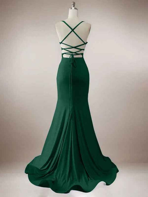 Sparkly Dark Green Mermaid Spaghetti Straps Long Prom Dress with Slit BMBRIDE