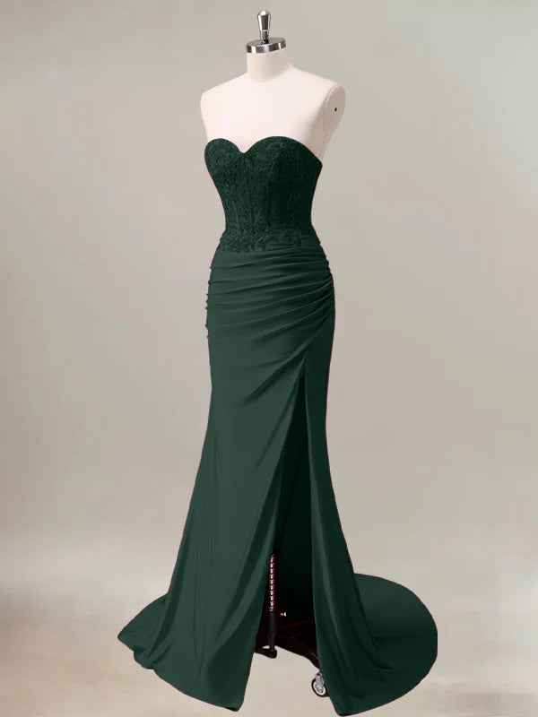 Dark Green Mermaid Strapless Ruched Corset Long Prom Dress With Slit