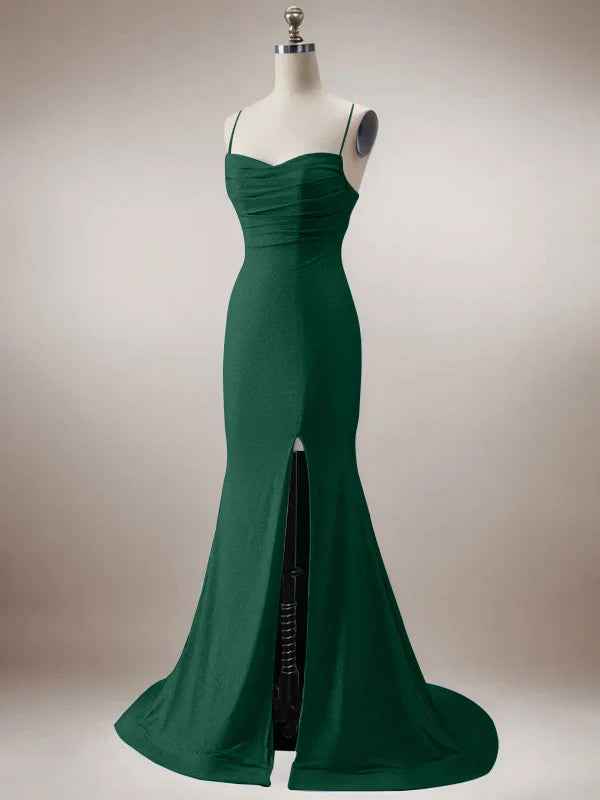 Sparkly Dark Green Mermaid Spaghetti Straps Long Prom Dress with Slit