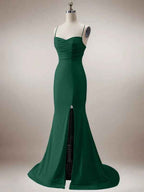 Sparkly Dark Green Mermaid Spaghetti Straps Long Prom Dress with Slit