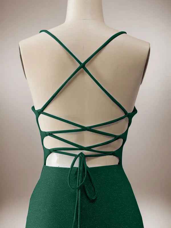Sparkly Dark Green Mermaid Spaghetti Straps Long Prom Dress with Slit