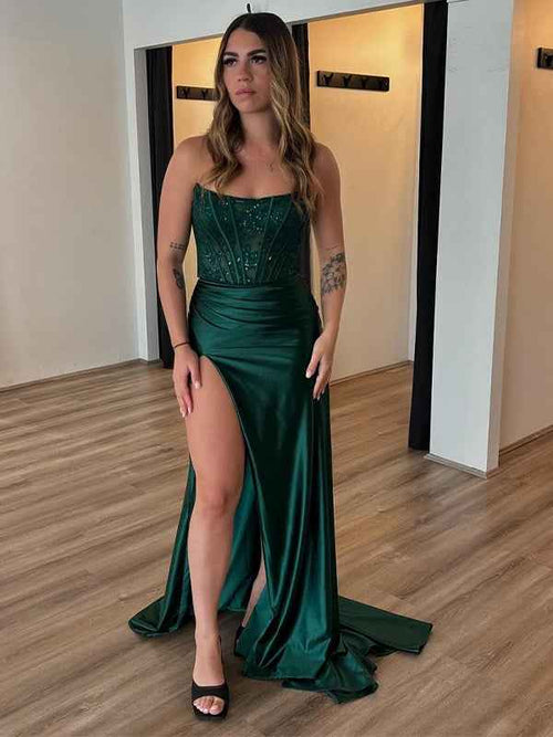 Dark Green Mermaid Strapless Appliques Long Prom Dress with Slit BMBRIDE