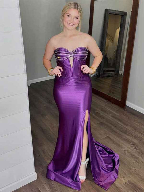 Dark Purple Mermaid Strapless Sweetheart Hollow Long Prom Dress with Slit BMBRIDE