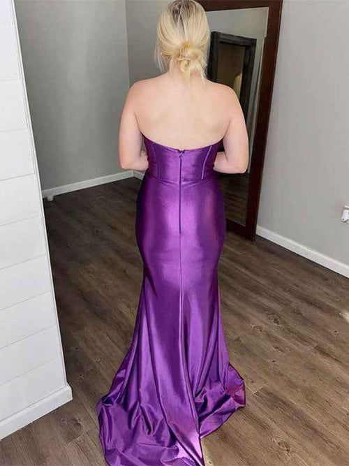 Dark Purple Mermaid Strapless Sweetheart Hollow Long Prom Dress with Slit BMBRIDE