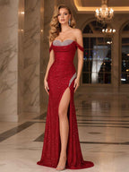 Dark Red Crystal Off-the-Shoulder Corset Prom Dress with Slit
