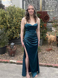 Dark Teal Satin Side Ruching Cowl Neck Prom Dress with High Slit BMBRIDE