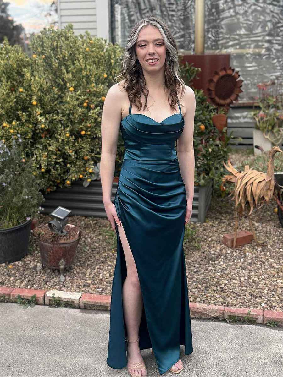 Dark Teal Satin Side Ruching Cowl Neck Prom Dress with High Slit BMBRIDE