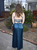 Dark Teal Satin Side Ruching Cowl Neck Prom Dress with High Slit BMBRIDE