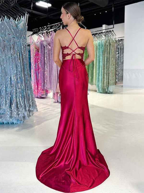 Dark Red Mermaid Spaghetti Straps V Neck Satin Prom Dress with Slit BMBRIDE
