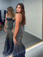 Dazzling Crystal Strapless Neckline Long Prom Dress with Slit