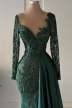 BMbride Designer Long Dark Green V-neck Lace Mermaid Prom Dresses with Long Sleeves BMbride