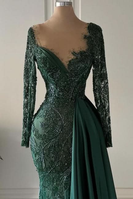 BMbride Designer Long Dark Green V-neck Lace Mermaid Prom Dresses with Long Sleeves BMbride