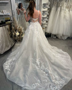 BMbride Designer White A-line Spaghetti Straps Sleeveless Tulle Wedding Dresses With Lace BMbride