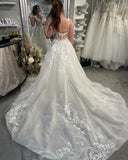 BMbride Designer White A-line Spaghetti Straps Sleeveless Tulle Wedding Dresses With Lace BMbride